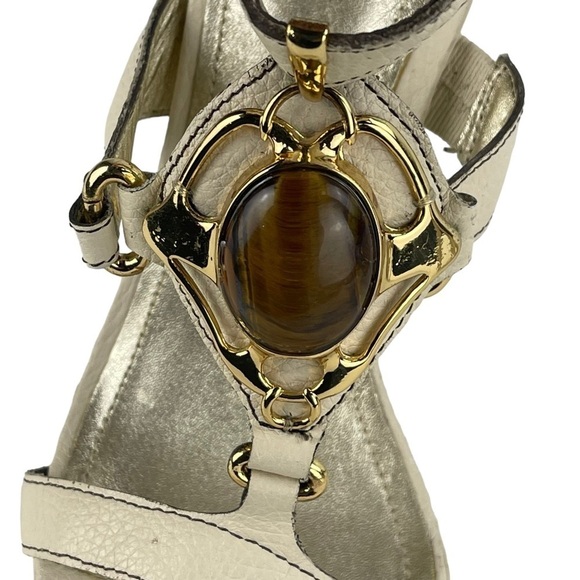 VINTAGE PELLE MODA 90S LEATHER PLATFORM TIGER EYE IVORY STRAPPY SANDAL HEELS - Picture 9 of 13